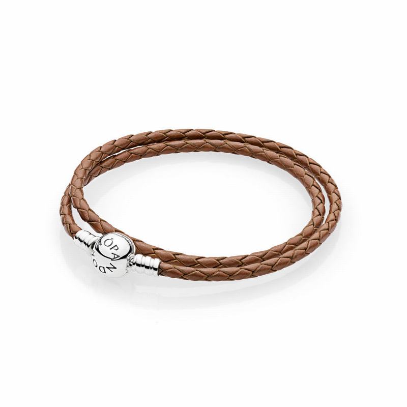 Pandora Brown Braided Double-leather Charm Bracelet - Sterling Silver/Leather/Brown - Canada | HJ701